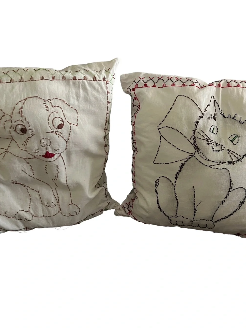 Embroidered Puppy & Kitten Throw Pillows (2) - retro nursery decor vintage